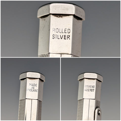 British Vintage Yard O' Red Rolled Silver Hexagon Propelled Pencil in Case